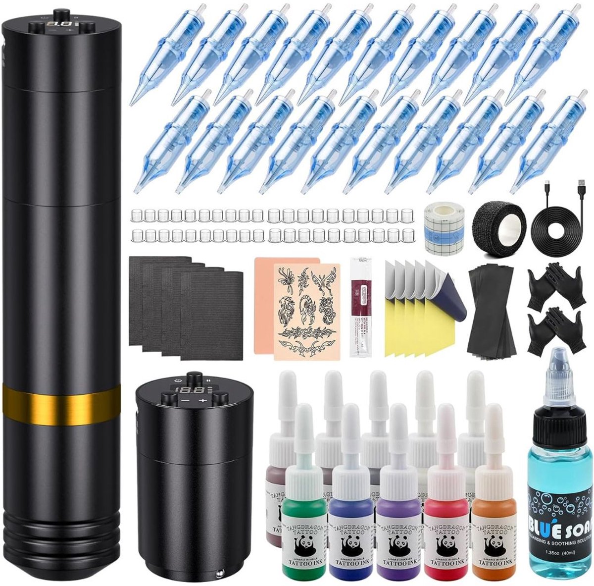 Hoge Kwaliteit Tattoo Machine met Accessoires - Tattoo Machines Draadloos - Tattoo Set Inclusief Inkt en Naalden - Tattoo Kit met Opbergkoffer - Voor Professionals en Beginners - B