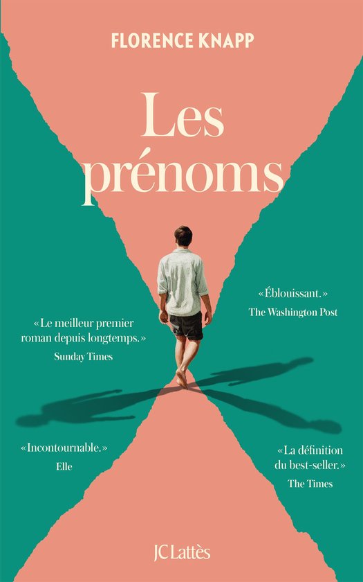 Boek "Les prénoms" van Florence Knapp. Een man loopt weg van een roze en groene achtergrond.