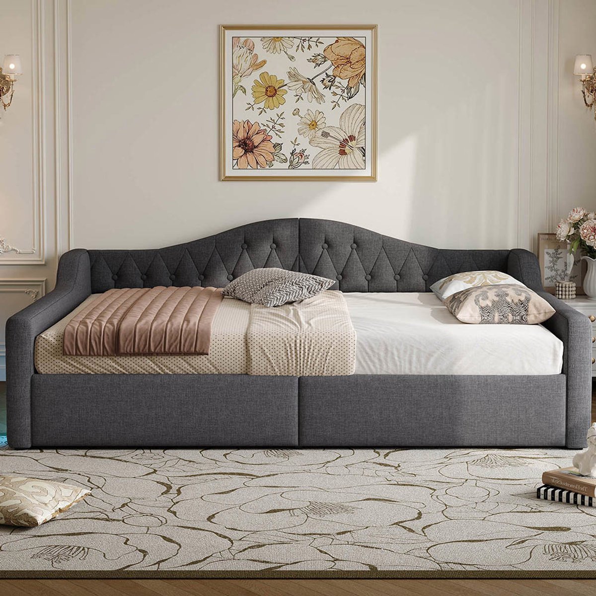 Pugsdrly Gestoffeerde rustbed 140x200 met ledstrip en opbergruimte onder, grijs