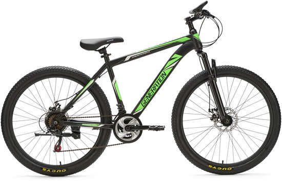 Vélo tout terrain noir avec logo vert "GENERATION" sur le cadre, la selle et les pneus.