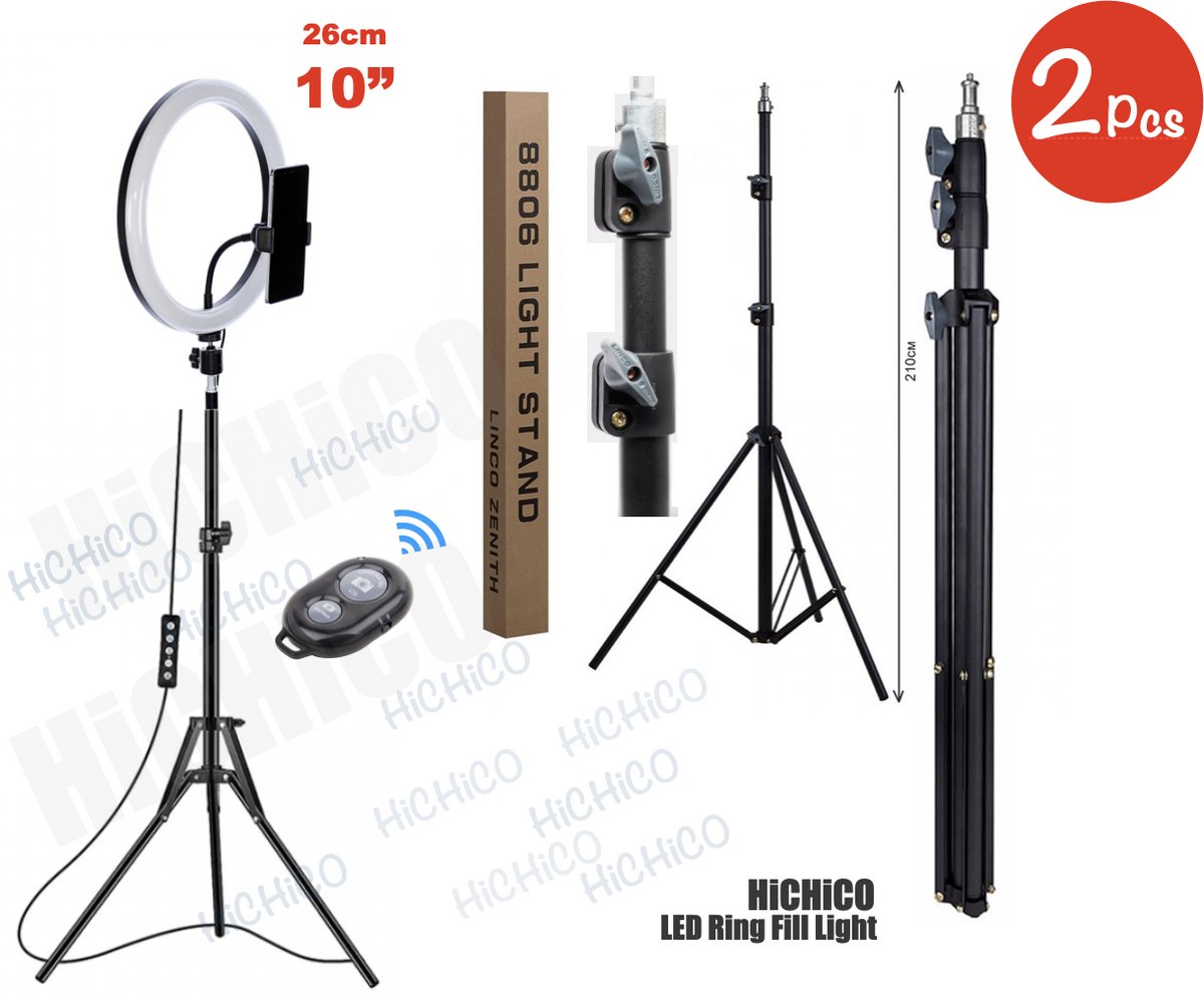 2x Selfie LED Ring Lamp 26Cm met Statief 210cm hoog Inclusief Bluetooth afstandsbediening en Telefoonhouder - Smartphone Tripod - LED Ringlamp - Ring Light - flitser - Make-up light - Studiolamp – Fairco