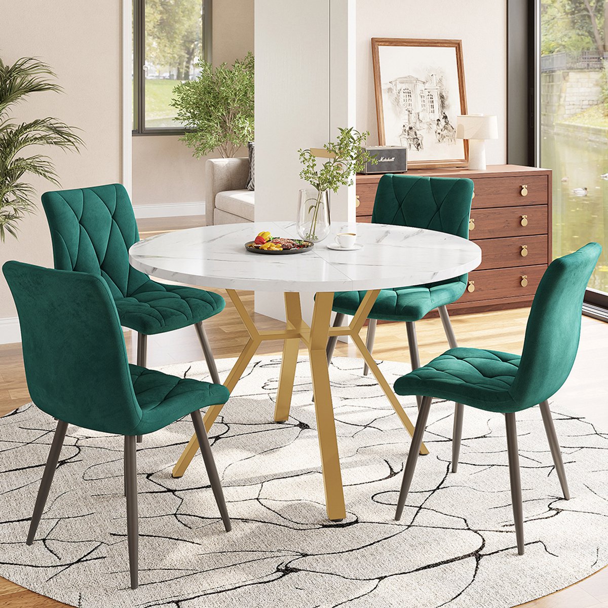 Pugsdrly Eettafelset, tafel- en stoelenset (5-delig), moderne en eenvoudige eettafelset en stoelen van rond marmer, tafelpoten van goudkleurig metaal + 4 ergonomische fluwelen stoelen, groene eetkamerstoel