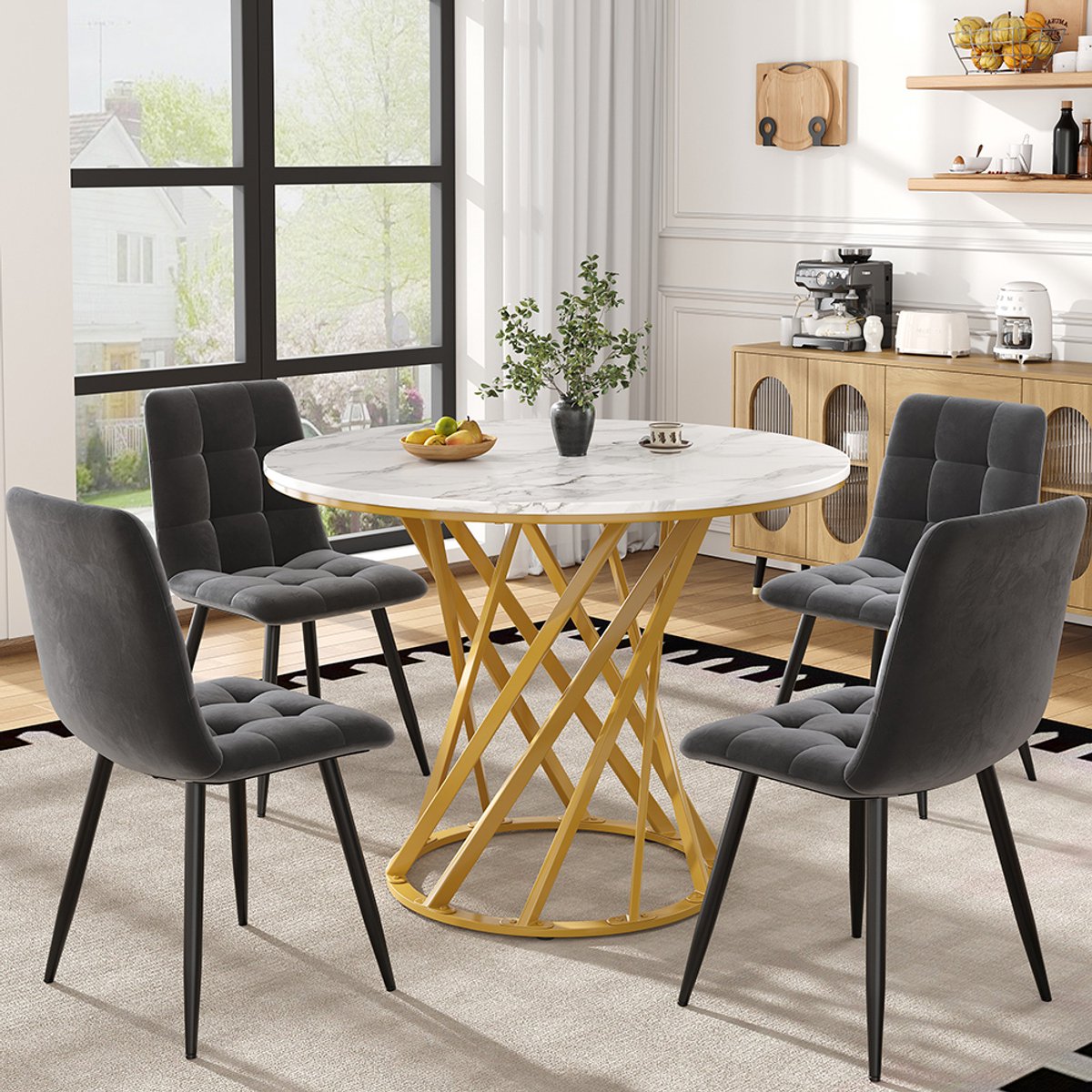 Pugsdrly Eettafel set (5-delig), eettafel set met 4 stoelen, moderne keukentafel set, ronde keukentafel met een diameter van 80 cm met goudkleurige metalen poten, wit MDF tafelblad, eetkamerstoelen van donkergrijs fluweel