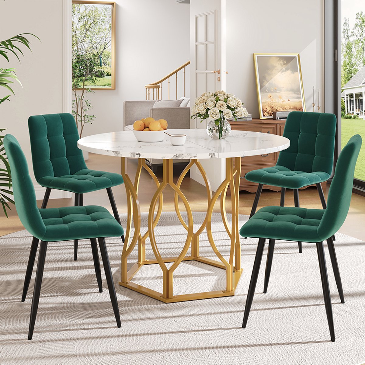 Pugsdrly Eettafelset (5-delig), eettafelset met 4 stoelen, keukentafelset, ronde eettafel met een diameter van 100 cm met goudkleurige metalen poten, wit MDF-blad, eetkamerstoelen van donkergroen fluweel