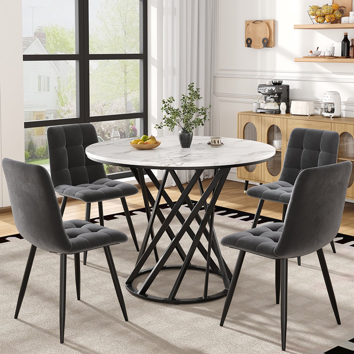 Pugsdrly Eethoek (5-delig), moderne eethoek (met 4 stoelen), keuken eethoek, ronde keukentafel met een diameter van 80 cm en zwarte metalen poten, blad van wit MDF, fluwelen stoelen