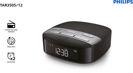 PHILIPS TAR3505 - Digitale wekkerradio DAB+, Dubbel Alarm, Slaaptimer, Compact Ontwerp, Dab+/Fm-Digitale Radio, Automatische Tijdsynchronisatie, Batterijbeveiliging, Zwart, 13.1 x 13.1 x 5.4 cm