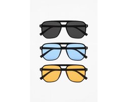 Set van 3 Zonnebrillen Voor Dames en Heren – Aviator Model – Zwart Montuur – Donker, Blauw en Geel Getinte Glazen – Unisex Model