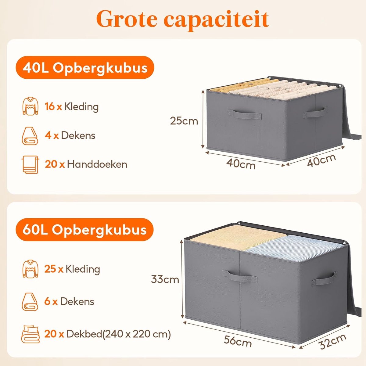 Opbergdoos - Opbergdoos voor kleding - 40×40×25cm- 3stuks - Grijs -40 L