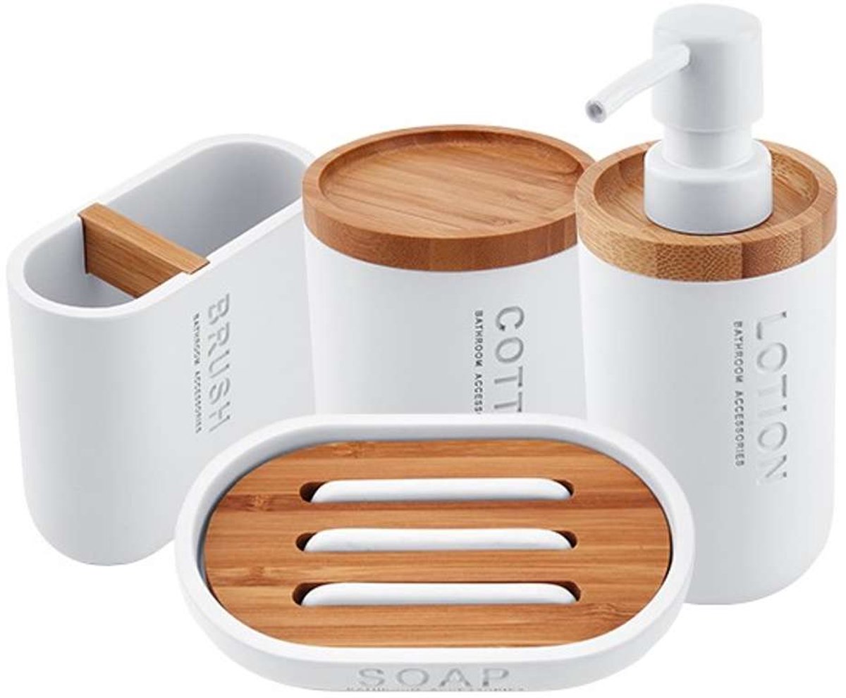 Nimco Kora - Set badkamer accessoires 4 in 1, wit/bamboe KO 24000SET-05