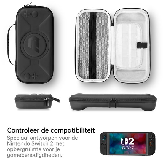 Zwarte hoes voor Nintendo Switch 2 met vakken voor gamebenodigdheden.