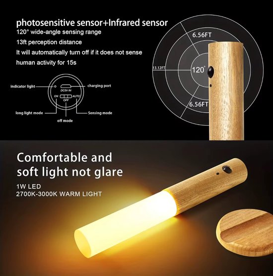 Oplaadbare Sensorlamp - LED Nachtlamp - Houtlook - Bewegingssensor - Warm Wit Licht - Wand & Staand - USB - White Ash van JOYQLER — afbeelding 2