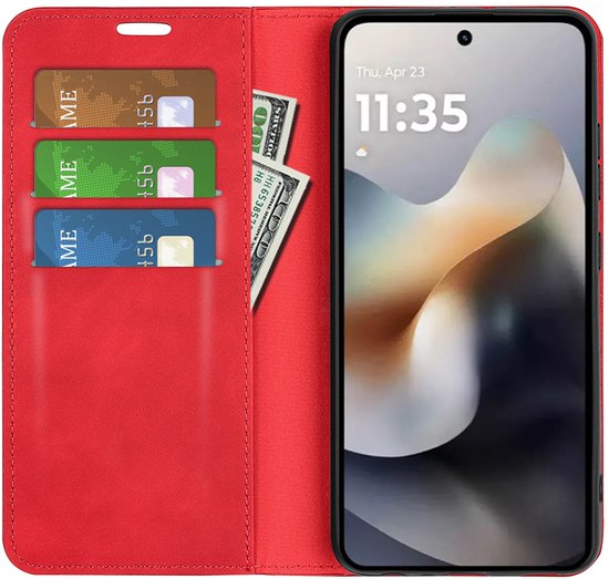 Rood wallet telefoonhoesje met 3 kaartsleuven en een dollarbiljet. Telefoon met klok: 11:35.