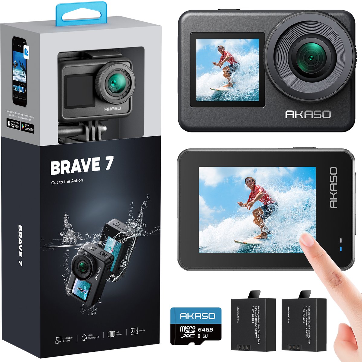AKASO Brave 7 Action Camera 4K 20MP – Dubbel Touchscreen – Waterdicht 40m Onderwatercamera met Spraakbesturing – Inclusief 2×1350mAh Batterijen & Accessoires – Sport Camera met 64GB SD-Kaart