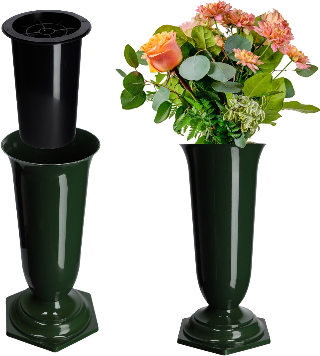 KADAX Grafvaas van Kunststof, Bloemenvaas voor Begraafplaats, Weerbestendige en Vorstbestendige Steekvaas voor Grafdecoratie (15,5 cm, Groen)