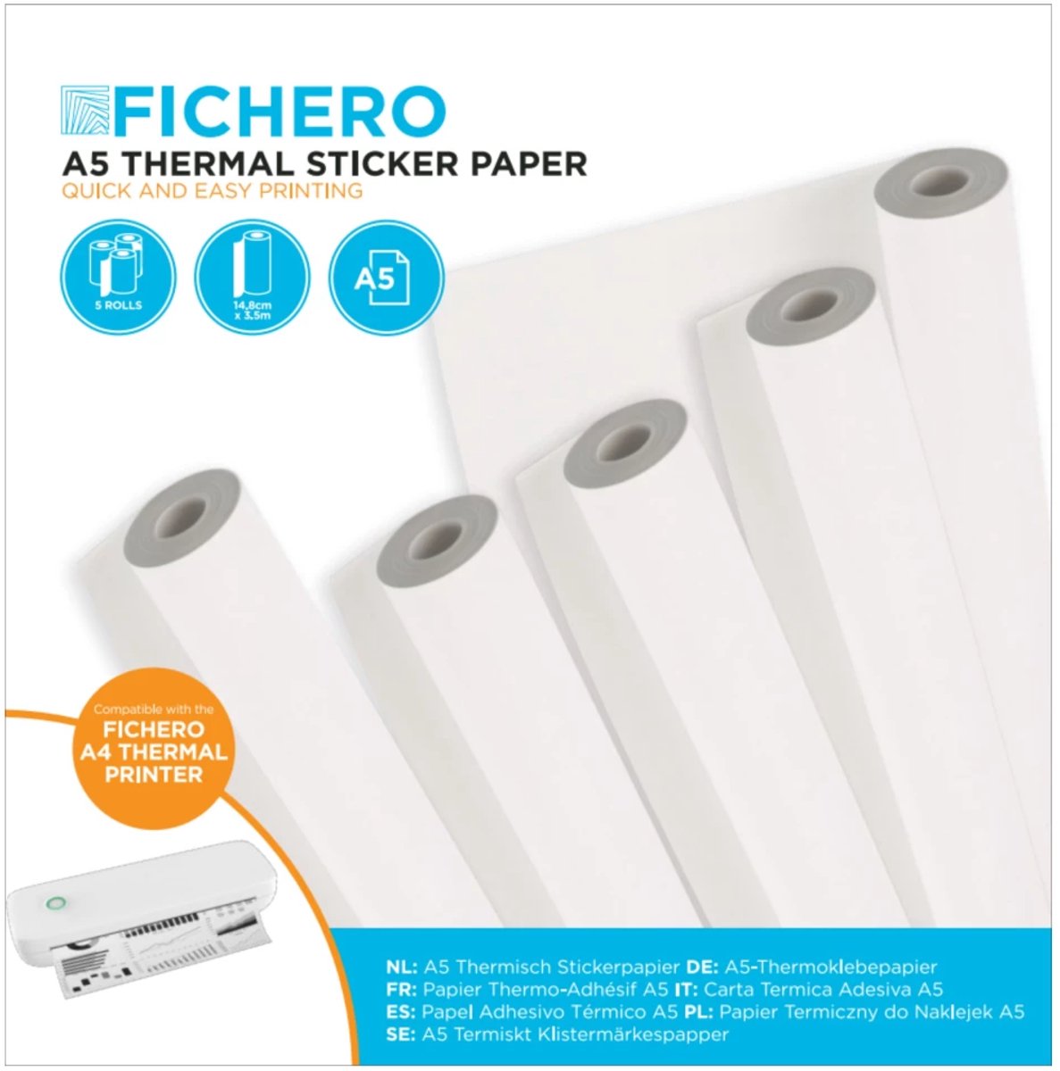 Thermisch Sticker Papier A5 voor Fichero Thermische Printer - Thermopapier - Pocket Printer Papier - 5 Papierrollen - 14,8x3,5 cm - Fichero
