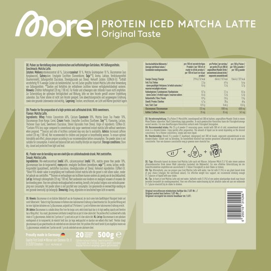 Verpakking van MORE Original Taste Protein Iced Matcha Latte met ingrediënten en bereidingswijze.