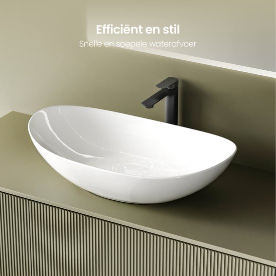 EMKE Vasque à Poser Ovale - Céramique - Wit Brillant - 61,5x36x15 cm - Lavabo de Salle de Bain