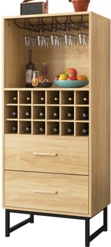 L'élégante armoire à vin de Steven avec deux tiroirs, 18 compartiments et porte-verres - pieds en métal noir mat - parfaite pour les amateurs de vin