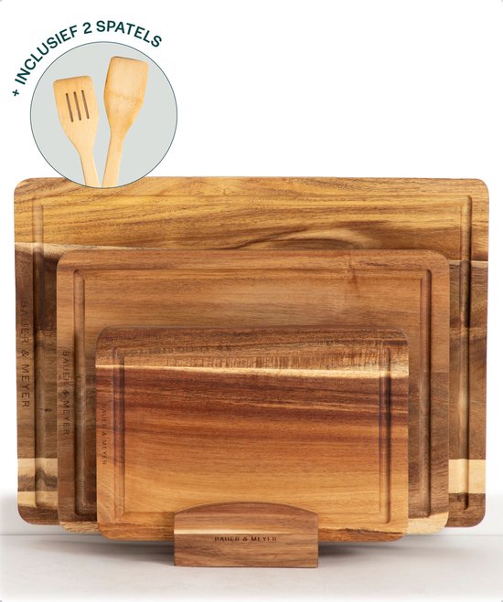 BAUER & MEYER® Snijplankenset met houder - Snijplank hout - 3-delig - Incl. 2 Spatels + Waxolie - Serveerplank - Borrelplank - Acaciahout (40x30 - 33x24 - 26x18 cm)