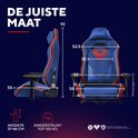 Afmetingen van een blauwe Superman gaming stoel, inclusief hoogte, zitdiepte en totale hoogte.