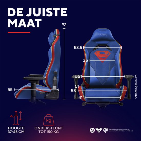 Afmetingen van een blauwe Superman gaming stoel, inclusief hoogte, zitdiepte en totale hoogte.