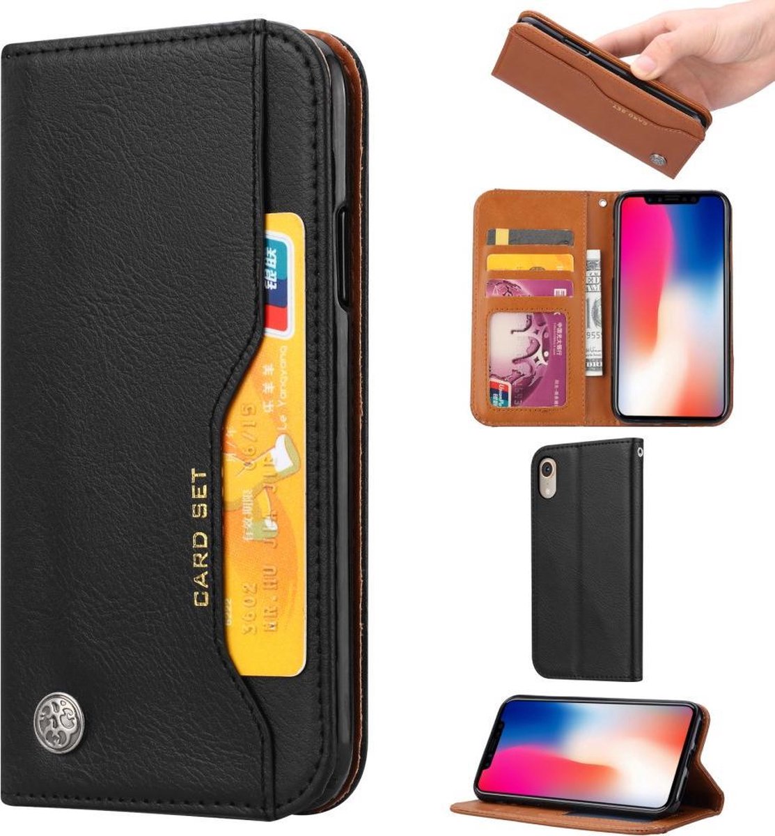 Leren wallet case - iPhone XR - Zwart/Bruin - Card Set
