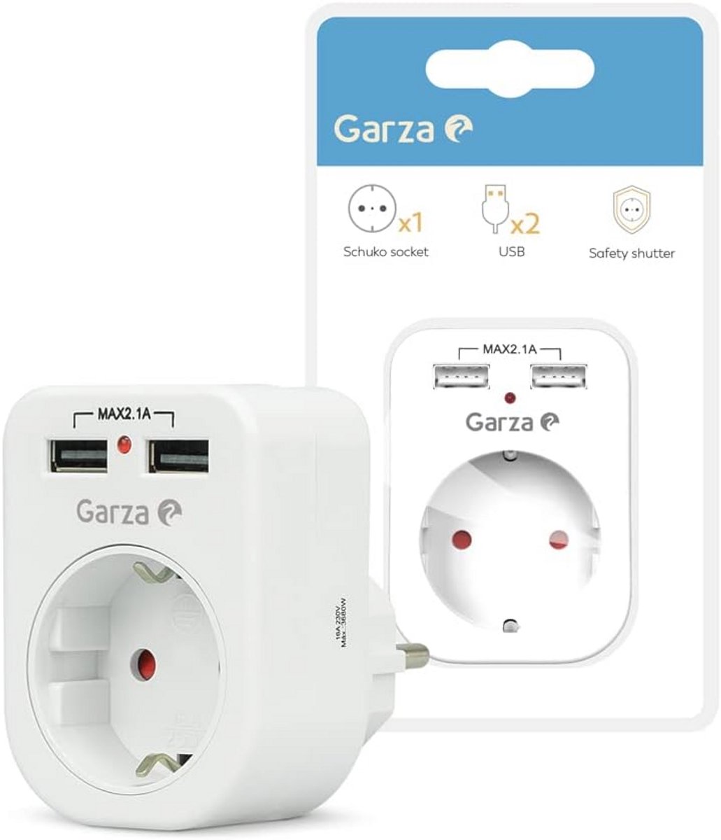 Stopcontactadapter met USB-poorten en kinderbeveiliging - 1-voudig Schuko in het wit
