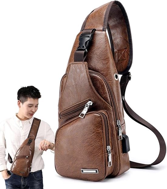 Sac bandoulière - Équipé d'un port de chargement USB externe - Sac bandoulière en cuir pour homme - Sac bandoulière en Cuir pour homme - Sac bandoulière - Sacs inclinés pour homme - Sac à dos avec bandoulière inclinée - Marron