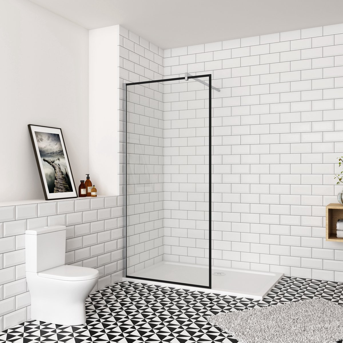100x195cm inloopdouche-douchecabine,8 mm mat zwart kader en raste gehard glas,eenvoudig te reinigen,antikalk,stabilisatiestang 140cm (snijdbaar),glanzend chroom profiel