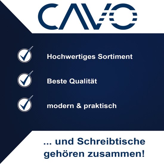 Logo CAVO, hoogwaardig assortiment, beste kwaliteit, modern & praktisch, bureaus horen bij elkaar.