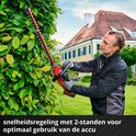 Een man met veiligheidsbril snoeit een boom met een rode Einhell heggenschaar.