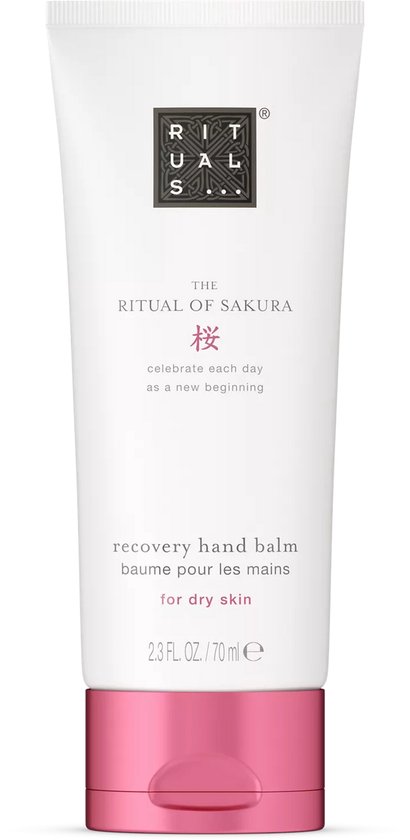 Witte handcrème tube met roze dop, 'The Ritual of Sakura', herstel handbalsem.