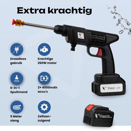 Vosoi Hogedrukreiniger - Draadloze Hogedrukreiniger - Hogedrukreiniger Auto - Hogedrukreiniger Accu - Terrasreiniger - Hogedrukspuit - Inc 2x 21V Accu van Vosoi — afbeelding 3