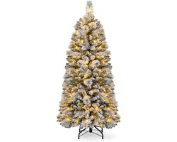 COSTWAY 150 cm kunstkerstboom met verlichting en sneeuw - pop-up potloodvormige kunstboom - met 130 LEDs - kerstboom - 378 takken