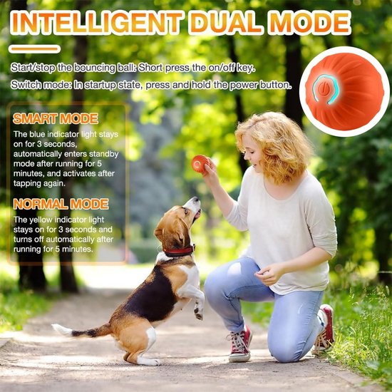 Oranje interactieve bal met blauw licht, in de hand van een vrouw die buiten met een beagle speelt.