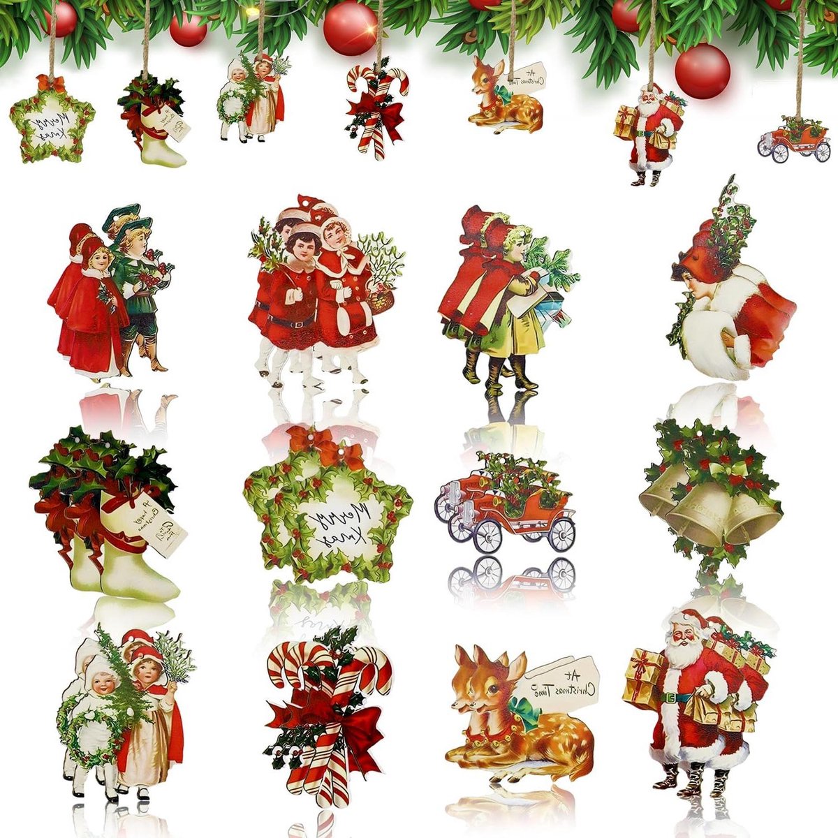 Victoriaanse kerstboomdecoraties in retro stijl - diverse ornamenten zoals engelen, kerstmannen en sneeuwvlokken.