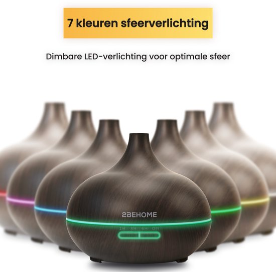 Rij van 7 donkere 2BEHOME aroma diffusers met verschillende kleuren LED-verlichting, waaronder rood, blauw en groen.