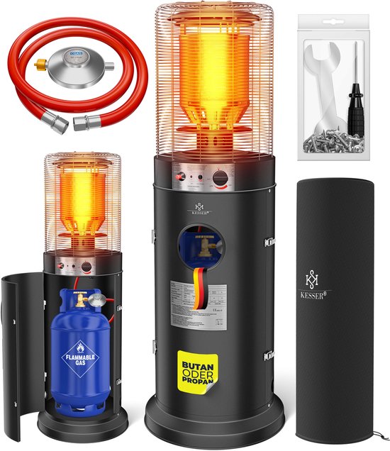 KESSER® chauffage de terrasse gaz / radiateur de terrasse KE12, chauffage extérieur chauffage à gaz 10 kW, chauffage radiant, poêle - avec housse de protection en acier inoxydable - Zwart (acier inoxydable)