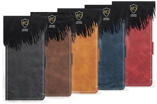 Vijf portemonnee telefoonhoesjes in verschillende kleuren: zwart, bruin, lichtbruin, blauw en rood.