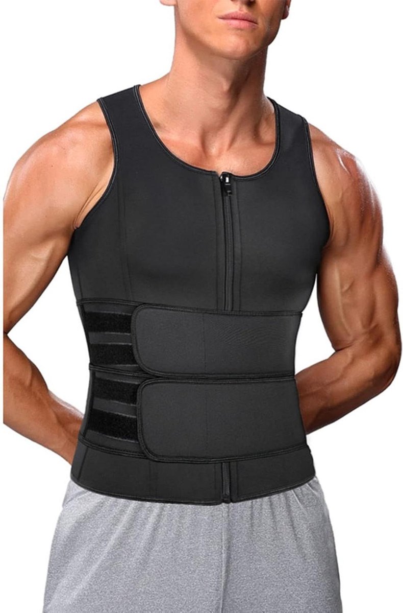 Saunavest Heren - Tailletrainer met Dubbele Riem en Ritssluiting - Zweetafslankend Neopreen Saunapak - Zwart - Maat L