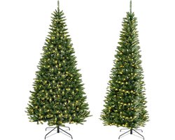 COSTWAY Kunstkerstboom van 240 cm met verlichting voor hoek van 270 graden, dennenboom met 360 warmwitte ledlampen, kerstboom met scharnierstructuur, kunstboom voor thuis