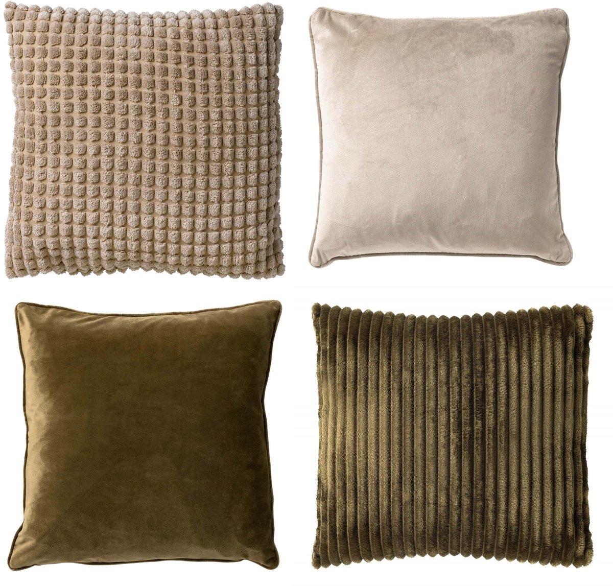 Dutch Decor KUSSENSET - 4-delig Mixed Textures - 45x45 cm - inclusief binnenkussens - groen, beige - Met Ritssluiting – Decoratie Kussens - Comfortabele kussentjes voor op de Bank