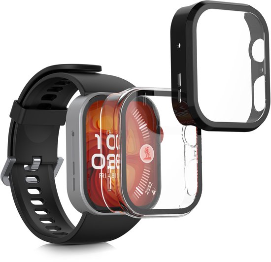 kwmobile 2x coques pour Huawei Watch Fit 4 Pro - Coque de protection pour tracker d'activité en verre trempé et cadre en plastique noir/transparent