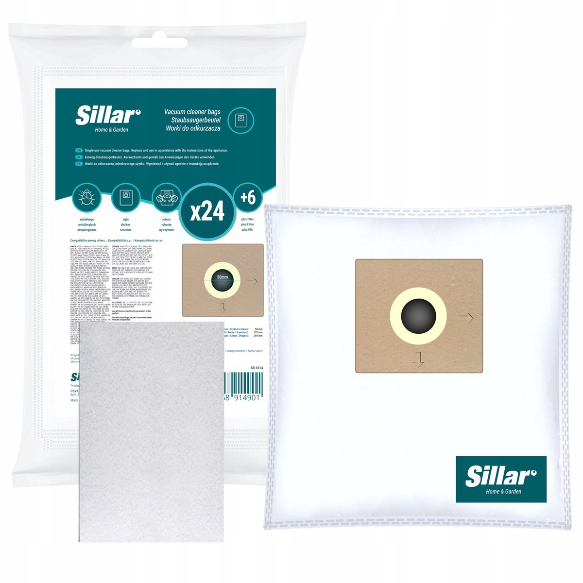Sillar , set stofzuigerzakken 24stk, syntetish, met 6x inlaatfilters, 3 filterlagen, vervangingsonderdeel, geschikt voor stofzuigers van AEG, Amica, Bosch, Karcher, LG, Philips, Zelmer