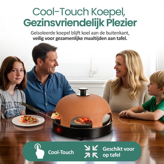 Emerio Pizzarette Origineel - 6 Persoons Pizza Oven - Handgemaakte Terracotta Koepel - 6 Geïsoleerde Bakspatels - RVS Bakplaat - Gourmetstel met Cool touch koepel - PO-115984 1200W