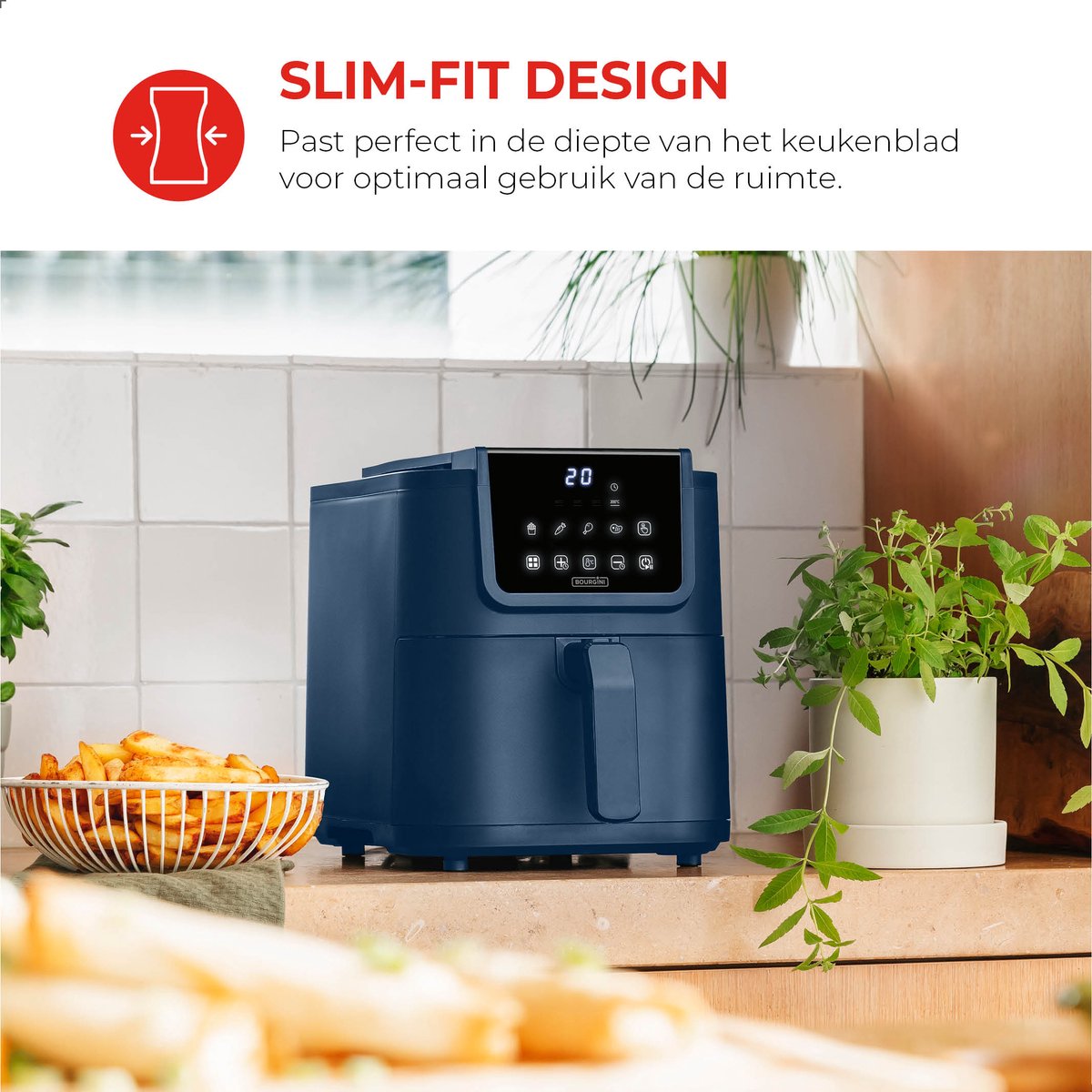 Afbeelding 2 van Bourgini Slimfit Airfryer XXL Blauw - Heteluchtfriteuse - 8 liter - 1700W - PFAS vrij