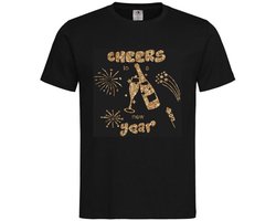 T-shirt Unisex Volwassenen Gelukkig Nieuwjaar Feest Jaarwisseling Happy New Year Oud en Nieuw "Cheers to a new year" Op Voorkant | korte mouw | Zwart/Goud GLITTER | maat XL