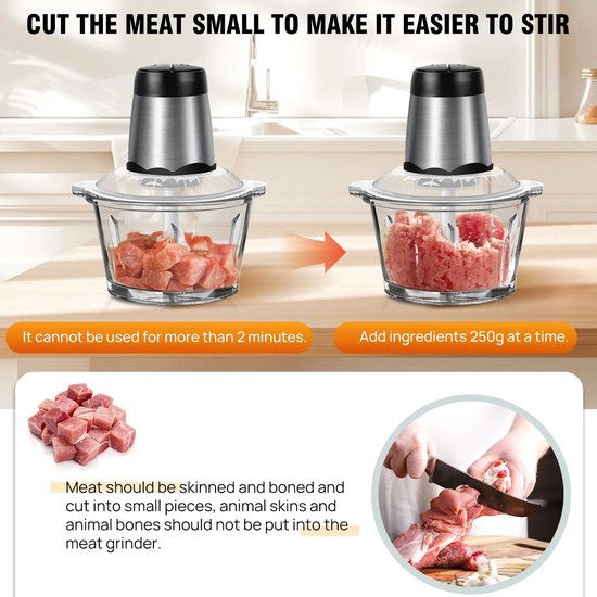 Mini-Blender - Hakmolen - Elektrische Vleesmolen - Mini Keukenmachine - Groentesnijder - Blender - Foodprocessor - 2L Glazen Kom - 300W Motor - 2 Snelheden - Vleeshakmolen - Compacte Chopper - Vaatwasserbestendig - Met Messen en Schraper - Antislip van MINI — afbeelding 3