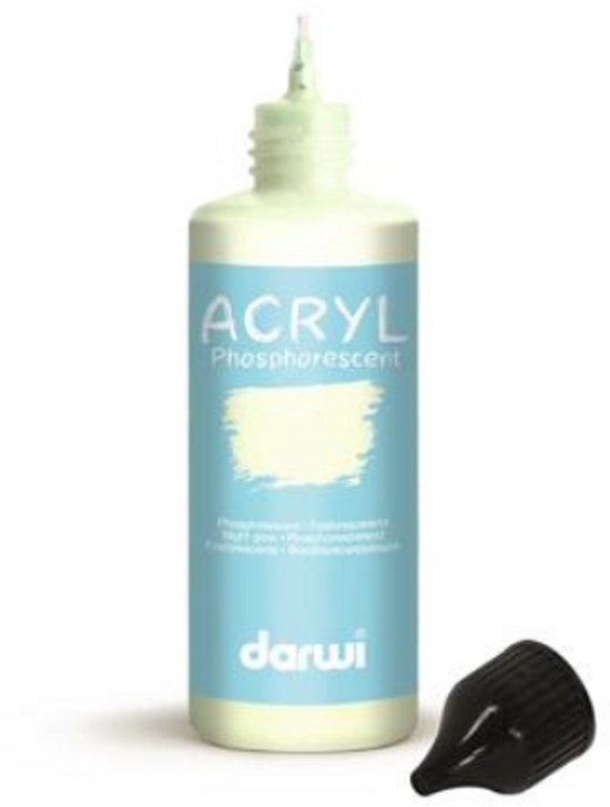 Fles Darwi Acryl Phosphorescent lichtgroene verf met een zilveren etiket met blauwe tekst.