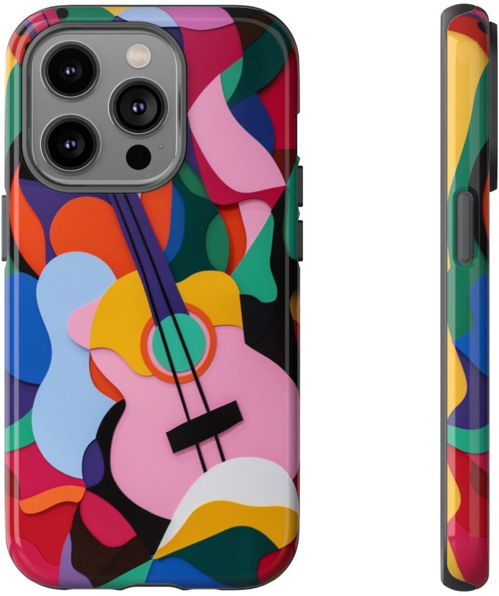 Kleurrijke Abstracte Gitaar – Glanzend Stevig Hoesje Geschikt voor iPhone 14 Pro